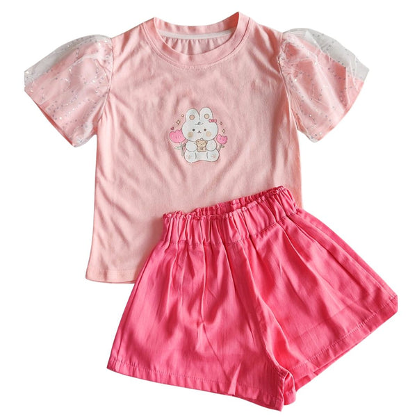 Girl T-Shirt & Short Teady Bear, Short Sleeve, 100% Cotton (F4275)