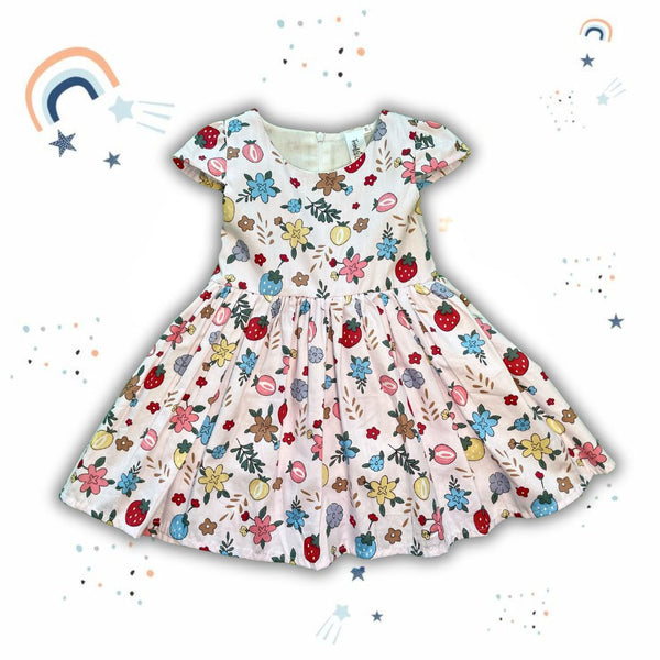 Girls Floral Print Cotton Frock ( Red Strawberry & Flower )