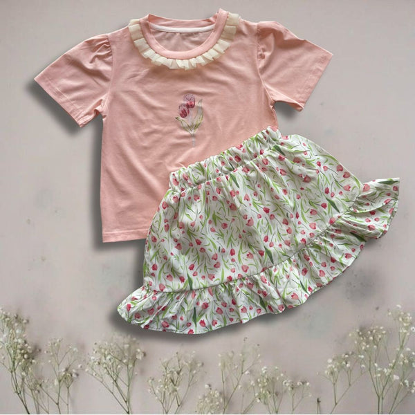 Girl T-Shirt & Skirt Flower, Short Sleeve, (F4274)
