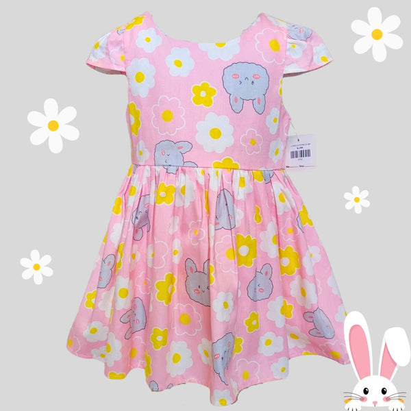 Girls Floral Print Cotton Frock ( White Flowers/Rabbit )